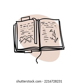 hand drawn book with mountains and flowers on the white backround