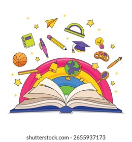 Libro dibujado a mano abierto con arco iris y Ilustración vectorial de útiles escolares