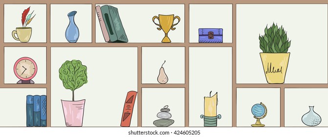 Hand drawn book shelves seamless pattern background, colorful objects collection