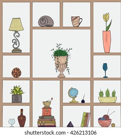 Hand drawn book shelves seamless pattern background, colorful objects collection