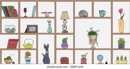 Hand drawn book shelves seamless pattern background, colorful objects collection