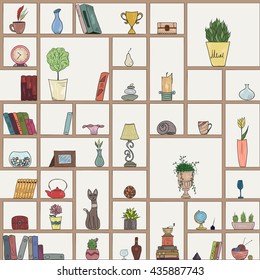 Hand drawn book shelves seamless pattern background, colorful objects collection