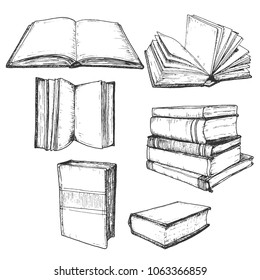 Hand drawn book sketch set, open and stack hatching drafts, isolated on white background, vintage vector illustration.