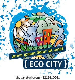 Hand drawn booklet art on environmental theme with doodle elements of the urban landscape.
