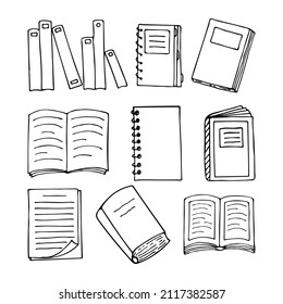 Hand drawn books, documents, notebook and sheets of paper. Library, bookstore. Vector illustration