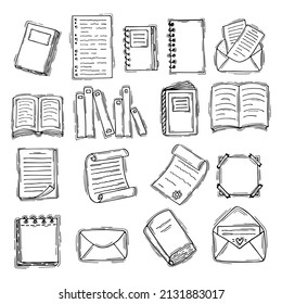 Hand drawn books, documents, notebook and sheets of paper. Sketch. Stationery. Vector illustration