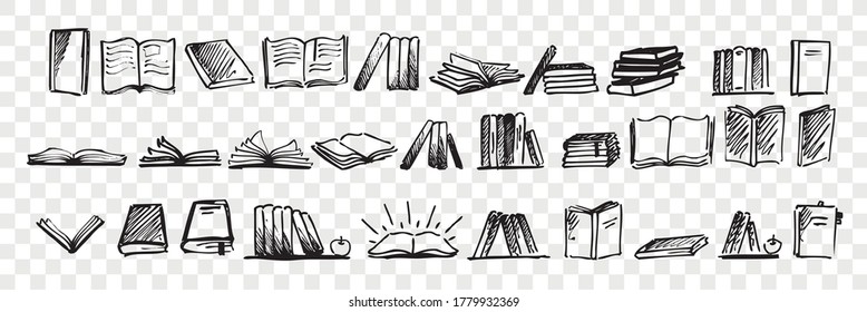 Juego de doodles de libros dibujados a mano. Colección de bocetos de lápiz con tinta de pluma de portadas y páginas de libros de texto educativos aislados en un fondo transparente. Ilustración del símbolo del conocimiento