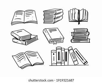 Hand drawn books doodle set. Black color sketch. Line art style. Vector illustration isolated on white background.