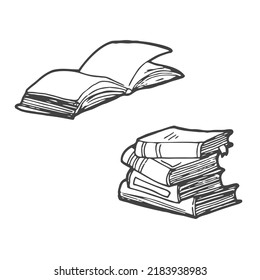 Hand drawn books doodle set. Black color sketch. Line art style. Vector illustration isolated on white background.