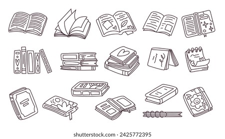 Juego de garabatos de libros dibujados a mano. Boceto de color negro, libro para colorear. Cuadernos y almohadillas de estilo Line art . Ilustración vectorial aislada