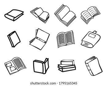 Hand drawn books icon set on white background