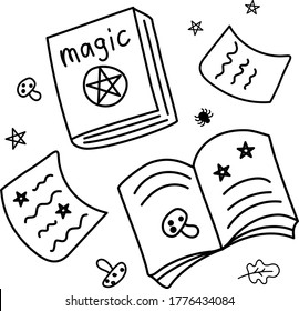 Hand drawn Books of magic spells and witchcraft. Ancient magic books with alchemy recipes and enchantments. Doodle style. Vector. Black outlines isolated on a white. For cards, stickers, background.