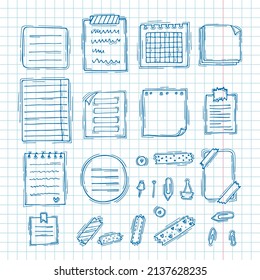 Libros dibujados a mano, cuaderno, documentos y hojas de papel. Tinta azul, estilo de esbozo. Ilustración del vector