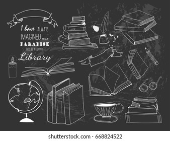 Hand drawn books and other library stuff. Hand drawn graphic vector set. All elements are isolated. Chalk board style. Black background