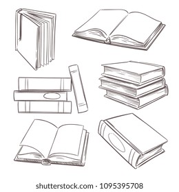 Hand drawn books, paper magazine and school textbooks. Sketch book piles. Doodle bookshop and education vector retro set isolated. Illustration of book sketch, textbook for education