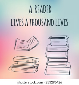 Hand drawn books set. Books stack  and text on soft colored abstract background 
