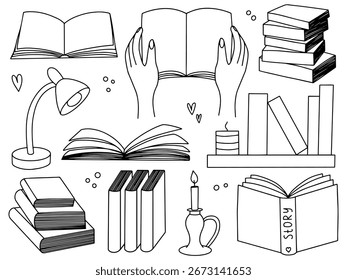 Handgezeichnetes Bücherset. Skizzensatz für offene und geschlossene Bücher. Bibliothekssammlung Hand mit offener Buchskizze