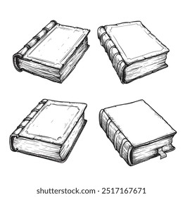 Hand drawn books sketch set. Vintage single and stack books. Education, religion and mystical symbols of knowledge. Vector illustrations on white background.