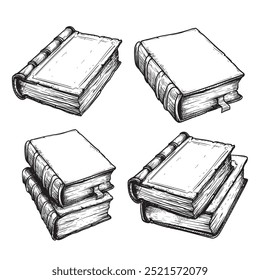 Hand drawn books sketch set. Vintage single and stack books. Education, religion and mystical symbols of knowledge. Vector illustrations on white background.