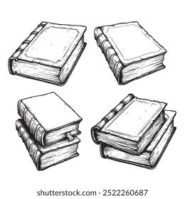 Hand drawn books sketch set. Vintage single and stack books. Education, religion and mystical symbols of knowledge. Vector illustrations on white background.
