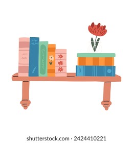 Hand drawn bookshelf, cartoon flat vector illustration isolated on white background. Colorful books in row, cute vase with flower. Concepts of reading, literature and education.