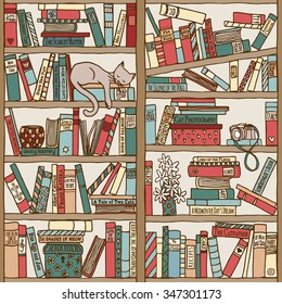 Hand drawn bookshelf with sleeping cat