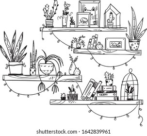 Hand drawn bookshelves with books, houseplants and little souvenirs. A cosy place 