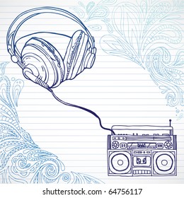 Hand drawn boom box and headphones surrounded by paisley shapes, room for text.