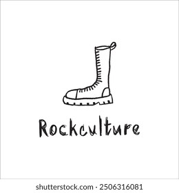 Dibujado a mano ilustración de bota y la palabra RockCulture. Imagen de textura arañada de Vector, concepto de Vector grunge sobre un fondo blanco. 