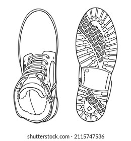 Hand drawn boots shoes. Doodle vector illustration. Bottom and above view.