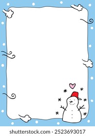 Hand drawn border background illustration with a snowman in a cold winter with snow and wind