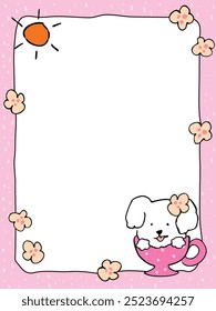 Hand drawn border background illustration with puppy in teacup and flower petals and sun