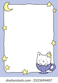 Hand drawn border background illustration decorated with stars, moon and cat in teacup