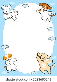 Hand drawn border background illustration of a sky background with floating clouds and various types of puppies playing