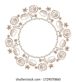 Hand drawn border with cinnamon buns isolated on white background. Baked goods. Doodle style. Design element for cafe menu, leaflets, posters, photo frame, cooking book. Vector illustration.