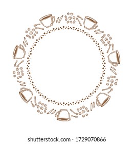 Hand drawn border with coffee cups on white background. Doodle style. Template for cafe menu, leaflets, posters, photo frame, cooking book. Vector illustration.