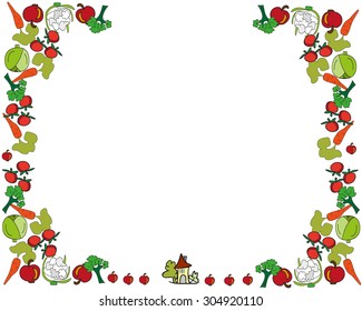 Hand drawn border with color vegetables, place for text. Healthy lifestyle illustration for print, web, poster,postcard. 