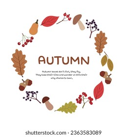 Hand drawn border frame illustration background with fall season concept. Border with maple leaves, mushrooms, berries, acorns, rose hips and viburnum.