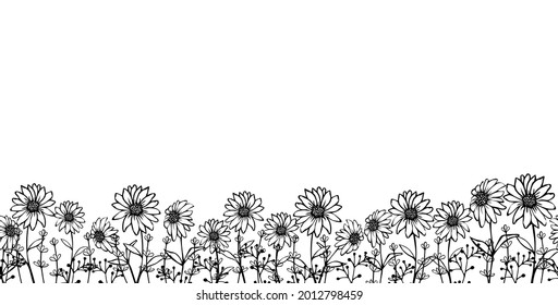 Hand drawn border, frame of small outline black flowers chamomiles in doodle style, horizontal bottom edging, decoration for birthday, greeting card, coloring for kids, gift wrap, textile.