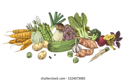 Hand drawn border with fresh vegetables. Vector illustration