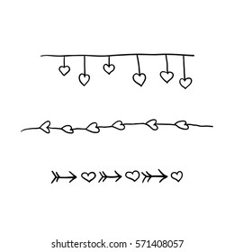 Hand drawn Border with hearts doodle set, vector elements for design
