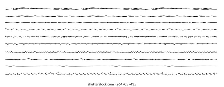 Hand drawn border lines. Doodle wave underline set, vintage squiggle ornament, handdrawn zigzag lines