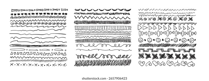 Linhas de borda desenhadas à mão. Conjunto de sublinhado ondulado Doodle, ornamento de rabisco vintage, linhas de ziguezague desenhadas à mão