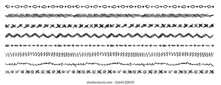 Líneas de borde dibujadas a mano. Conjunto de subrayado de onda Doodle, adorno de garabato vintage, líneas en zigzag dibujadas a mano