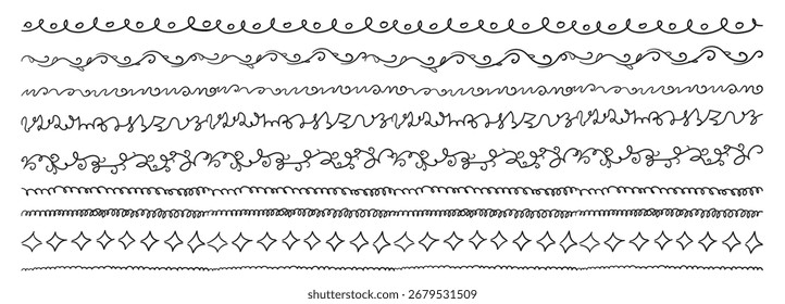 Hand drawn border lines. Doodle wave underline set, vintage squiggle ornament, handdrawn zigzag lines