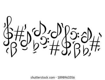 Hand drawn border. Music concert festival doodle vector background. Musical note, treble clef. Black and white