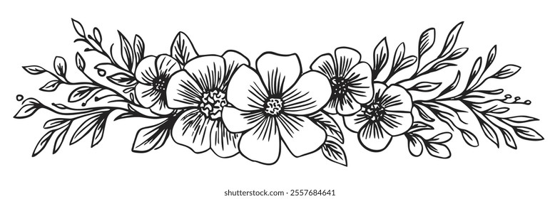 Hand drawn border in sketch style. Floral and abstract divider for your design. Sketch vector vintage element. Isolated element on white background.