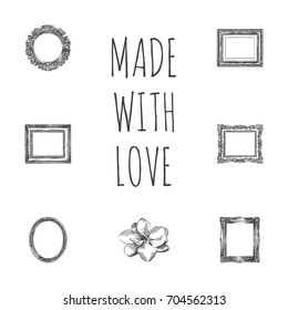 Hand Drawn Border Sketches Set. Collection Of Image, Picture, Decoration And Other Sketch Elements.