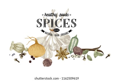 Hand drawn border with spices- onion, garlic, poppy, sesame, cloves, black pepper, vanilla, nutmeg and cardamom and type emblem. Vector illustration in retro style