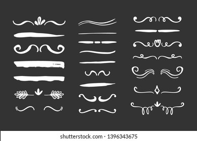 Hand drawn borders, brackets, swirls, dividers set. Vector ink brush elements.